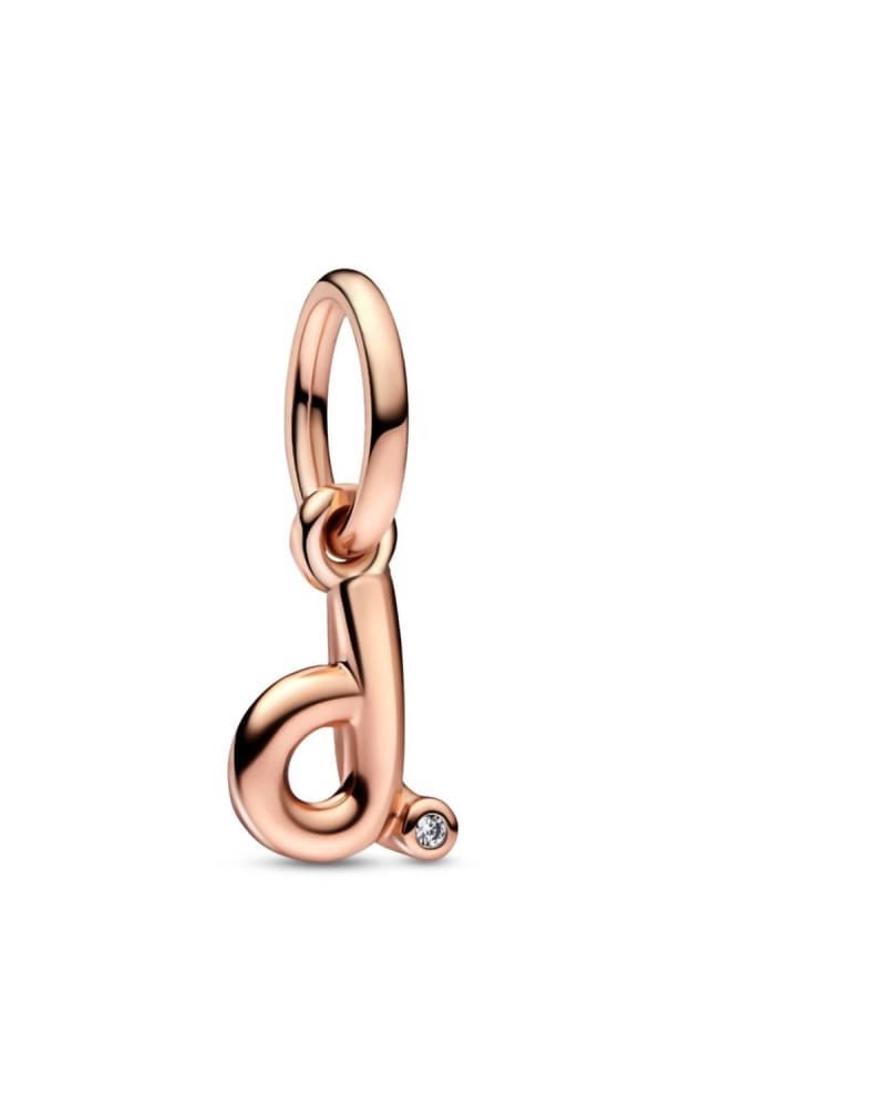Front of a size O/S Letter D Script Alphabet Dangle Charm in Rose Gold in Rose Gold by Pandora. | dia_product_style_image_id:329248